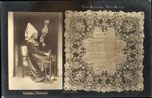 Ak Costumes de Normandie, Tracht, Klöppelwerk, Spinnrad