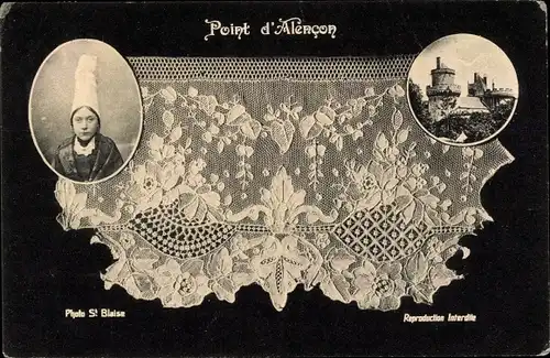 Ak Alencon Orne, Point d'Alencon, Spitze, Schloss, Tracht