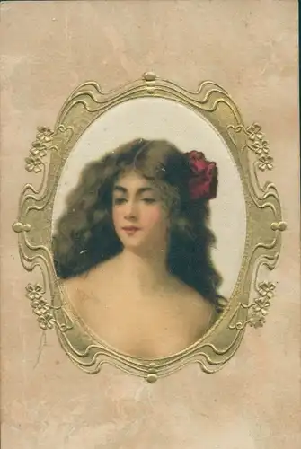 Präge Passepartout Ak Portrait einer Frau, Dunkle Haare, Schleife