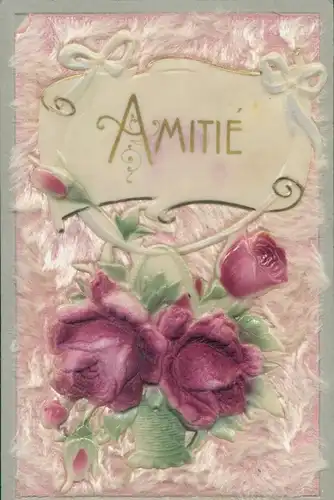 Relief Ak Amitie, Rosen, Blumenstrauß, Kitsch