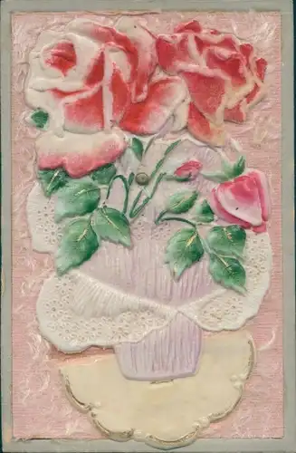 Relief Ak Rosen, Blumenkorb, Blumen, Kitsch