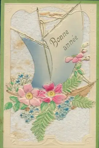 Präge Ak Glückwunsch Neujahr, Segelboot, Blumen, Vergissmeinnicht