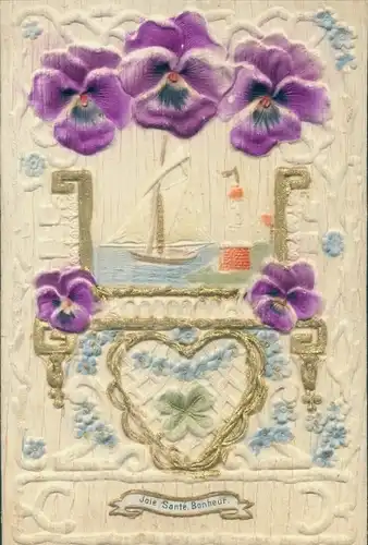 Relief Ak Segelboot, Stiefmütterchen, Vergissmeinnicht, Kitsch