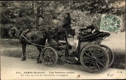 Ak Paris Moderne, Les Femmes cocher, Un tour au bois en charmante compagnie