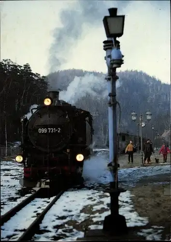 Ak Oybin in der Oberlausitz, Zittauer Bimmelbahn, Endbahnhof, Lok 099 731-2