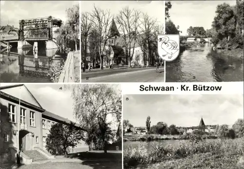 Ak Schwaan in Mecklenburg, Warnowbrücke, Markt, an der Beke, Oberschule, Stadtblick