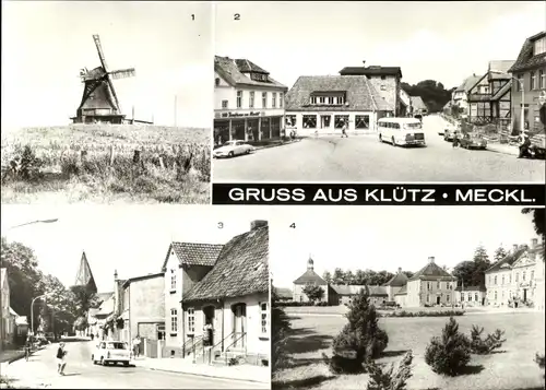 Ak Klütz in Mecklenburg, Windmühle, Marktplatz, Wismarsche Straße, Feierabendheim