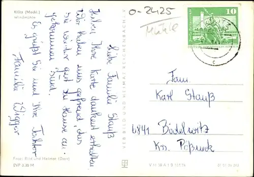 Ak Klütz in Mecklenburg, Windmühle