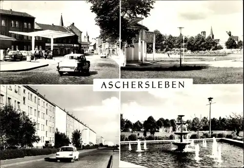 Ak Aschersleben im Salzlandkreis, Tankstelle, Springbrunnen, Johannisplatz, Platz der Jugend