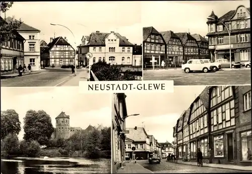 Ak Neustadt Glewe in Mecklenburg, Bahnhofstraße, Marktplatz, Burg, Breitscheidstraße