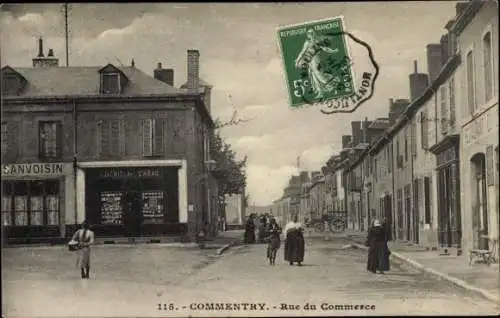 Ak Commentry Allier, Rue du Commerce, Marktstrasse mit Fuhrwerk, Geschäft Sanvoisin