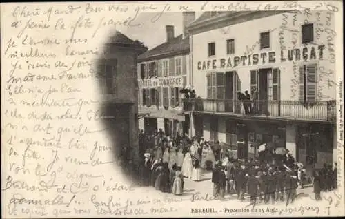 Ak Ébreuil Allier, Prozession zum 15 August, Cafe Baptiste Lurcat, Hotel du Commerce