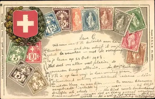 Präge Briefmarken Wappen Ak Schweiz, Lorbeerkranz