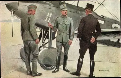 Künstler Ak Luchtvaartafdeeling, Niederländische Militärflugzeug, Soldaten in Uniform