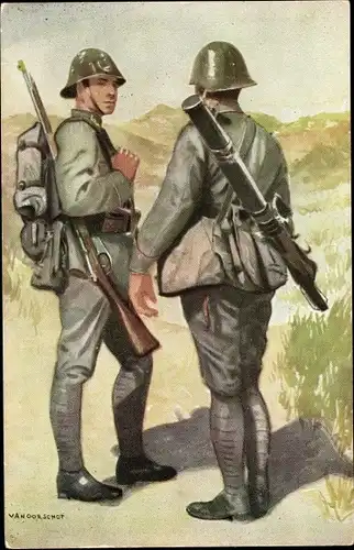 Künstler Ak Grenadiers en Jagers, Soldaten in veldtenue, Niederländische Soldaten in Uniformen