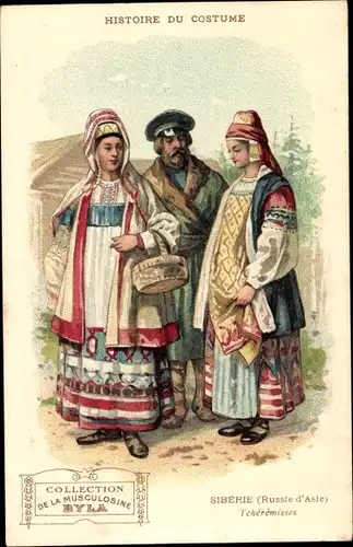 Litho Histoire du Costume, Siberie, Russie d'Asie, Tcheremisses, Russen in Volkstrachten, Reklame