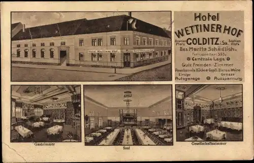 Ak Colditz in Sachsen, Hotel Wettiner Hof, Saal, Gastzimmer, Gesellschaftszimmer