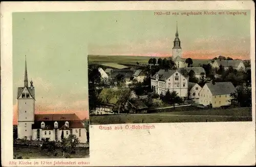 Ak Oberbobritzsch Bobritzsch im Erzgebirge, Alte Kirche, Neu gebaute Kirche