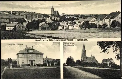 Ak Niederwürschnitz im Erzgebirge Sachsen, Ortskrankenkasse, Kirche mit Pfarrhaus, Totalansicht
