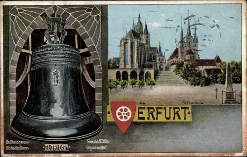 Ak Erfurt in Thüringen, Dom, Glocke Gloriosa gegossen 1497, St Severi Kirche, Wappen