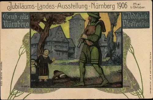 Künstler Litho Nürnberg, Jubiläums Landes Ausstellung 1906, Das Dudelsack Pfeifferlein