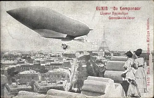 Ak Un dirigeable militaire, Militärluftschiff über Paris, Elixir De Kempenaar, Liqueur Hygienique