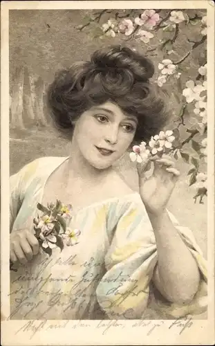Künstler Ak Frauenportrait, Dame mit Blumen, blühende Zweige