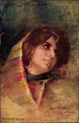 Künstler Ak Frauenportrait, Kopftuch