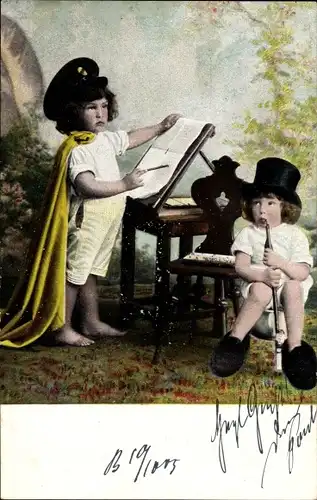 Ak Kind am Stehpult, Kind mit Pfeife auf dem Nachttopf