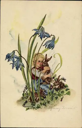 Künstler Ak Schwarz Torinus, Anna Maria, Mädchen mit Hasen, Blumen