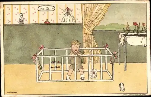 Künstler Ak Weinendes Kind im Laufgitter