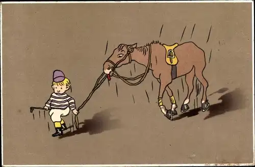 Künstler Ak Abgeworfener Reiter führt Pferd im Regen