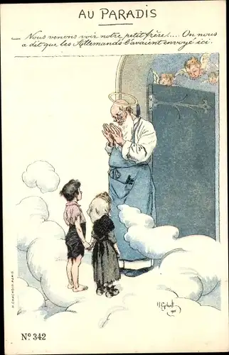 Künstler Ak Gerbault, H., Au Paradis, zwei Kinder stehen vor Himmelspforte, Petrus