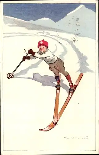 Künstler Ak Schweiz, Skifahrer bei der Abfahrt