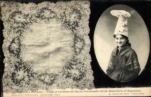 Ak Vieilles Dentelles, Coiffe et Costume de Basse Normandie, Tracht, Klöppelwerk