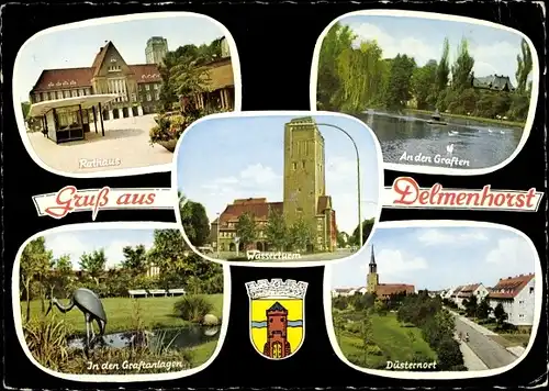 Ak Delmenhorst in Oldenburg, Rathaus, An den Graften, Wasserturm, Düsternort, Wappen