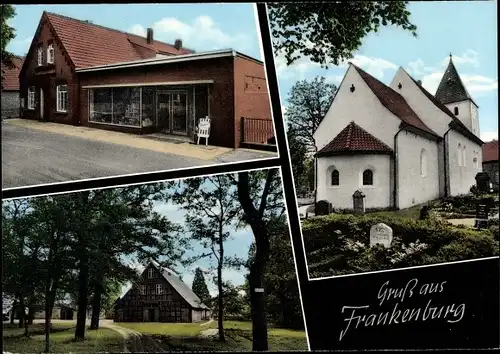 Ak Frankenburg Lilienthal?, Kirche, Friedhof, Straße, Geschäft