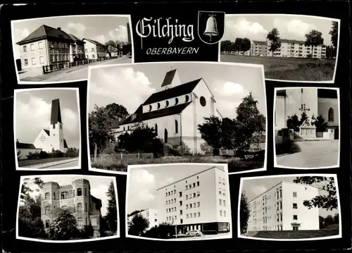 Ak Gilching in Oberbayern, Ortsansichten, Hochhaus, Kirche, Siedlung