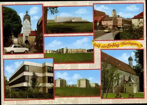 Ak Erding in Oberbayern, Kirche, Auto, Schule, Siedlung