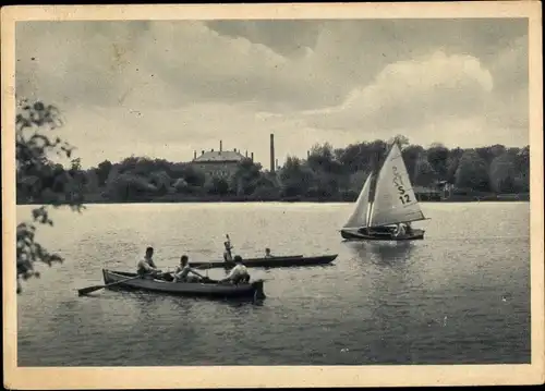 Ak Zwickau in Sachsen, Schwanenteich am Konzerthaus Schwanenschloss, Segel- und Ruderpartie
