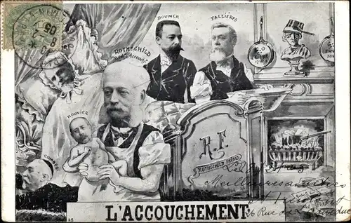 Ak L'Accouchement, Rothschild, Loubet, Fallieres, Doumer, Combes, Rouvier, Karikatur