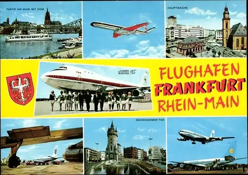 Ak Frankfurt am Main, Rhein Main Flughafen, Boeing 747 Jumbo Jet, Hauptwache, Eschenheimer Tor