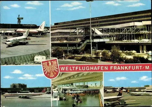 Ak Frankfurt am Main, Weltflughafen, Terminal, Passagierflugzeuge, Wappen