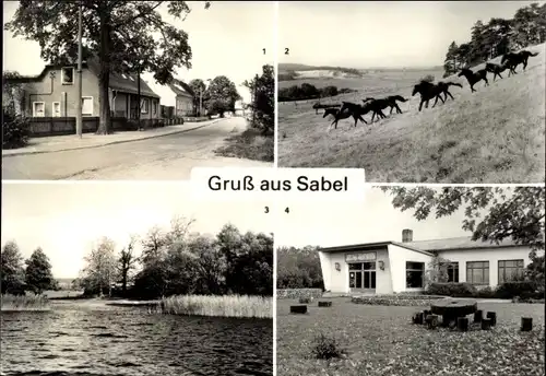Ak Sabel Güstrow in Mecklenburg Vorpommern, Dorfstraße, Pferdekoppel, Kulturhaus, See