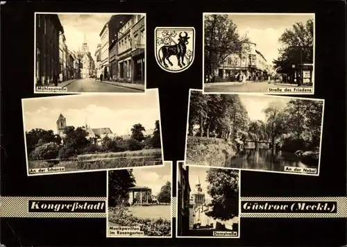 Ak Güstrow in Mecklenburg, An der Schanze, Mühlenstraße, Domstraße, Musikpavillon im Rosengarten