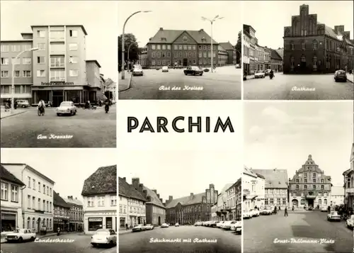 Ak Parchim in Mecklenburg, Schuhmarkt mit Rathaus, Ernst Thälmann-Platz, Landestheater, Am Kreuztor