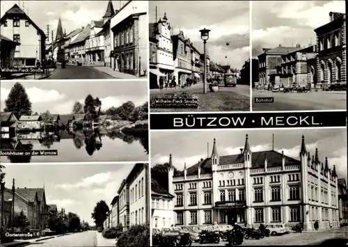 Ak Bützow in Mecklenburg, Bahnhof, Wilhelm Pieck-Straße, Bootshäuser an der Warnow, Gartenstraße