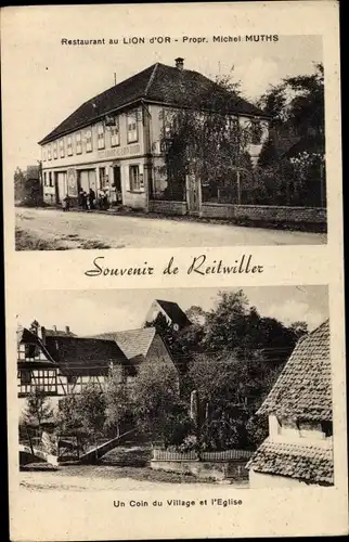 Ak Reitwiller Berstett Elsass Bas-Rhin, Restaurant au Lion d'Or, Village et l'Eglise