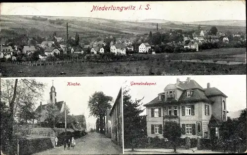Ak Niederlungwitz in Sachsen, Kirche, Gemeindeamt, Totale