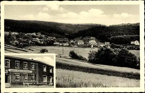 Ak Waldhölzbach Losheim am See Saarland, Gasthaus und Handlung, Totalansicht vom Ort